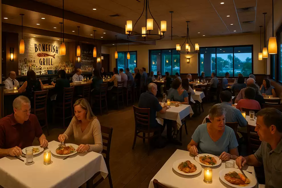A busy restaurant with people dining at tables. The warm lighting and stylish decor create an inviting atmosphere.