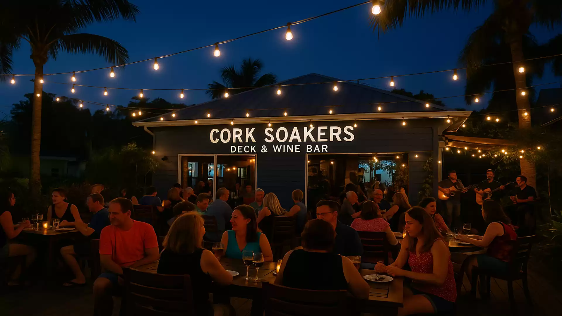 People enjoying an evening at a cozy outdoor bar with string lights.