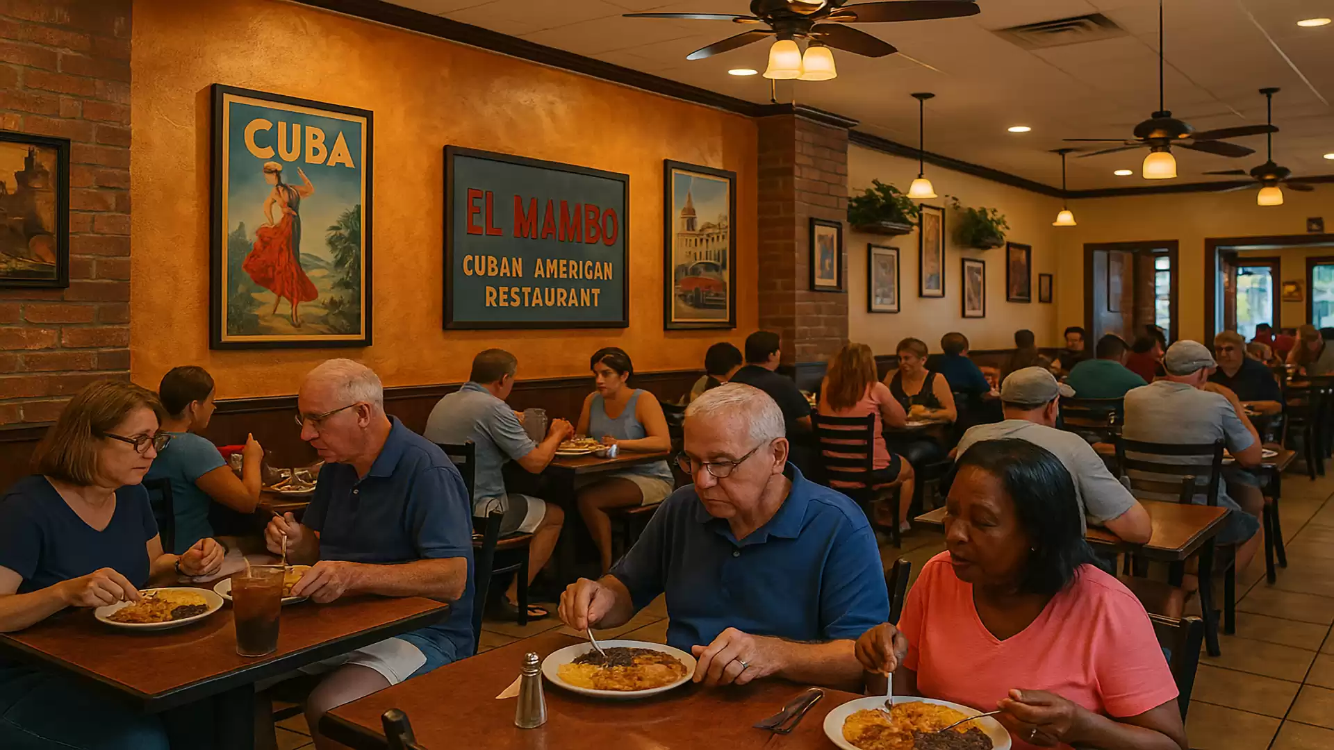 People dining in a Cuban-American restaurant with nostalgic decor and cozy atmosphere.