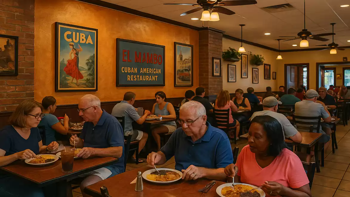People dining in a Cuban-American restaurant with nostalgic decor and cozy atmosphere.