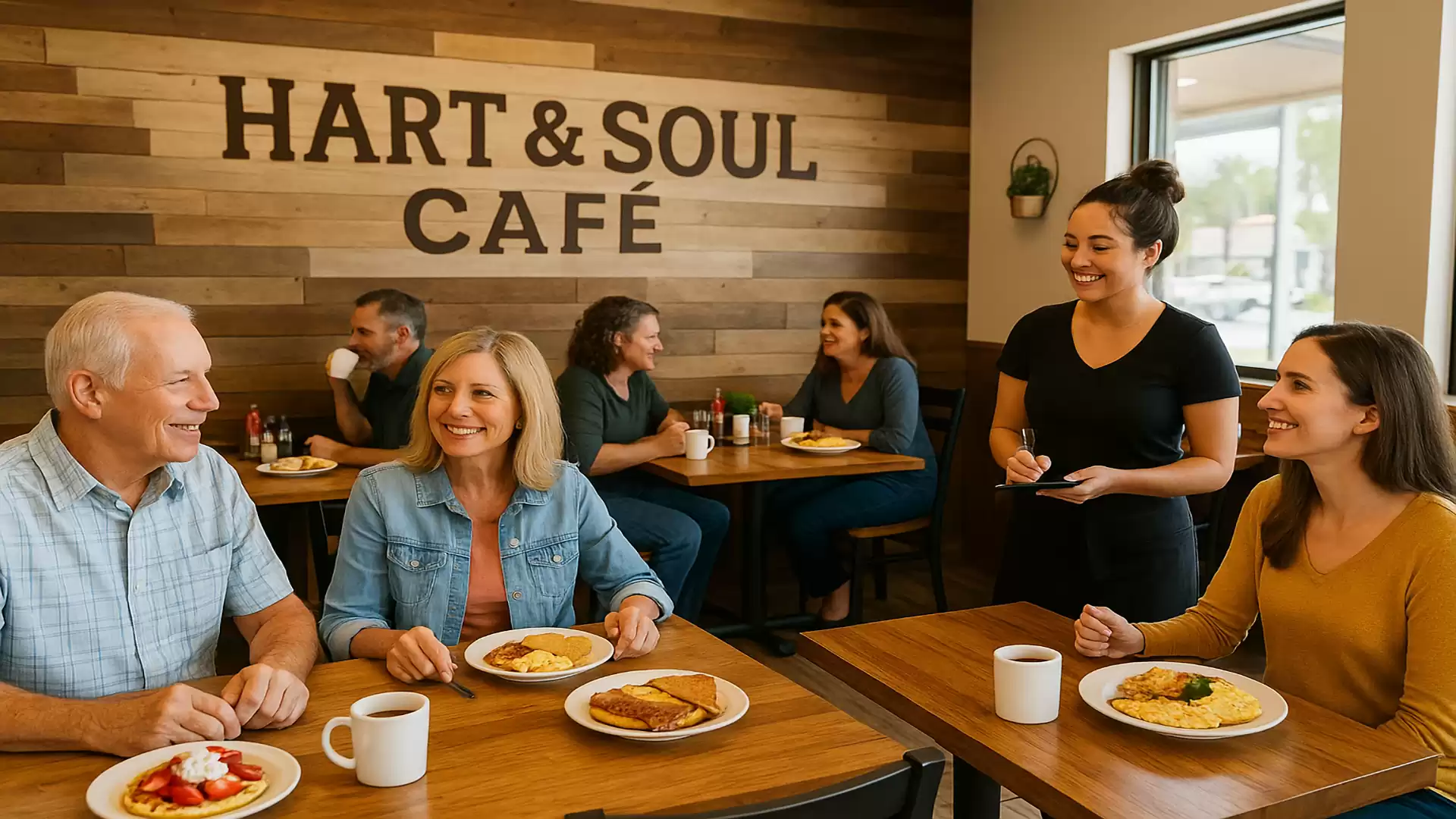 A group of people sitting happily in a cozy café called Hart & Soul Café enjoying their breakfast.