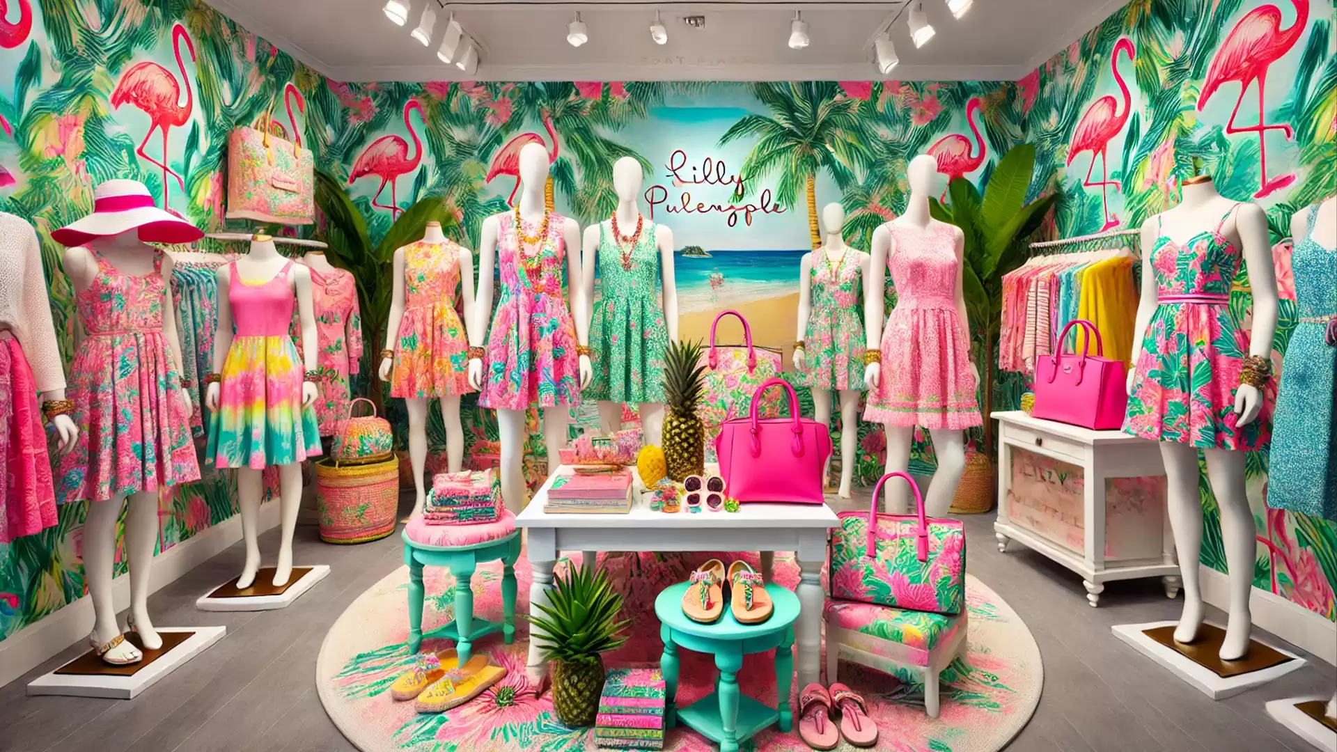 A vibrant fashion store featuring tropical-inspired dresses and accessories, filled with colorful murals and decorations.
