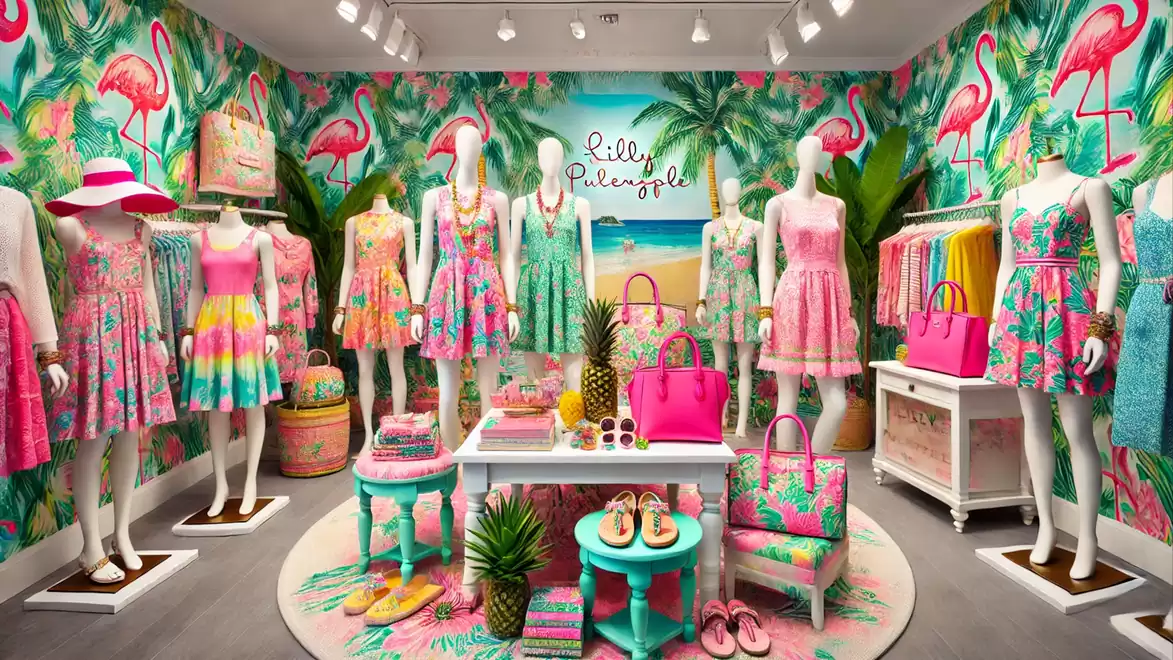 A vibrant fashion store featuring tropical-inspired dresses and accessories, filled with colorful murals and decorations.