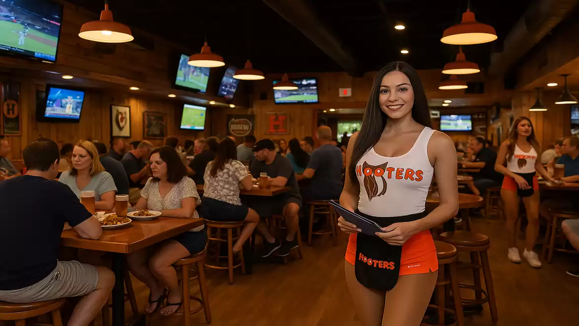 Interior view of a busy restaurant with guests at tables and a waitress in the foreground.