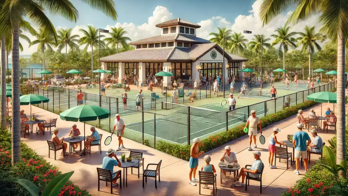 Image of a lively tennis club with several people playing or watching tennis. A large building surrounded by palm trees is visible in the background.