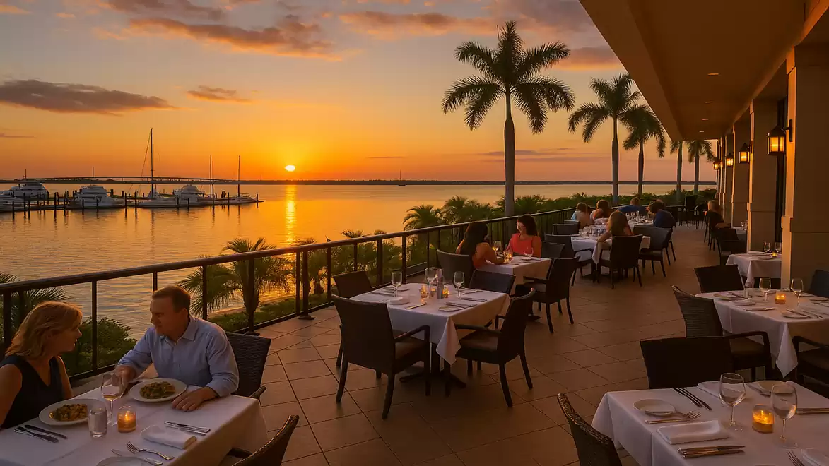 Romantic outdoor dining with a view of a sunset by the sea. Guests enjoy their meal on a terrace with palm trees in the background.