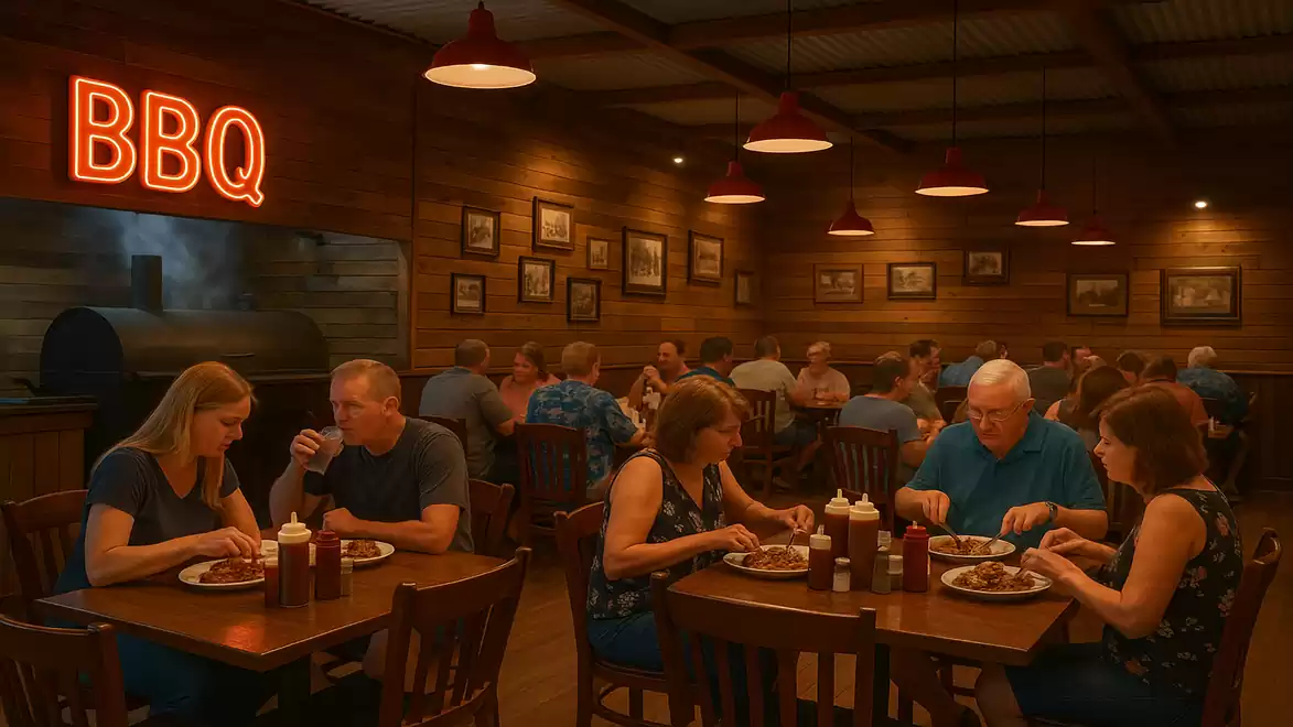 A busy BBQ restaurant with various groups of people dining at wooden tables. A red neon sign that reads 'BBQ' is visible on the wall.