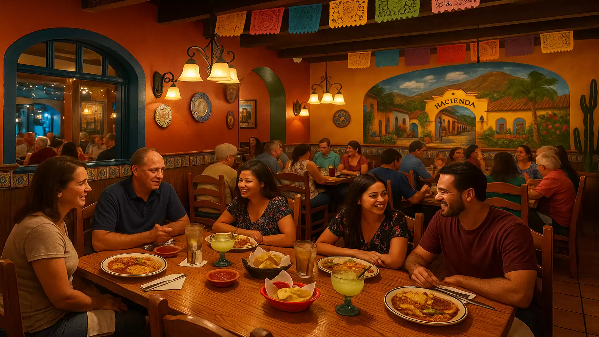 A group of friends enjoying dinner in a colorful Mexican restaurant. The atmosphere is lively and welcoming.