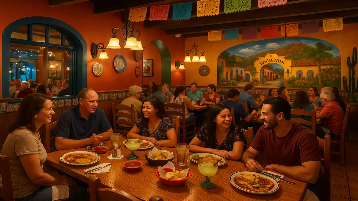 A group of friends enjoying dinner in a colorful Mexican restaurant. The atmosphere is lively and welcoming.