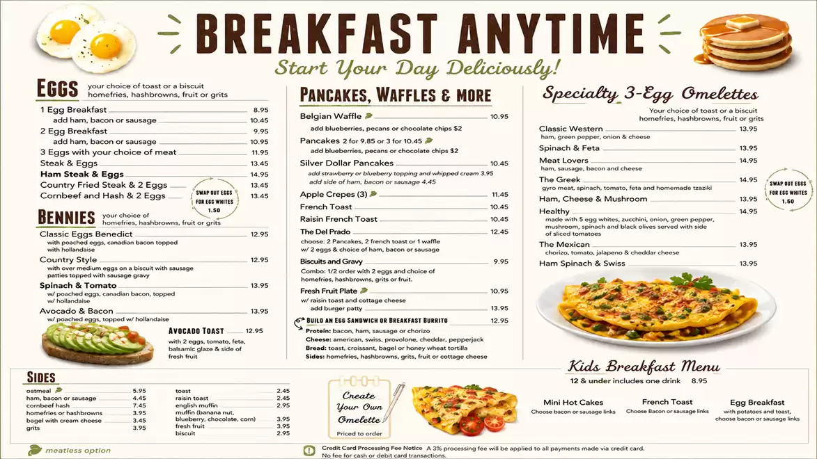 A menu for breakfast items, including eggs, pancakes, waffles, omelets, and bennies. Various options and prices are listed.
