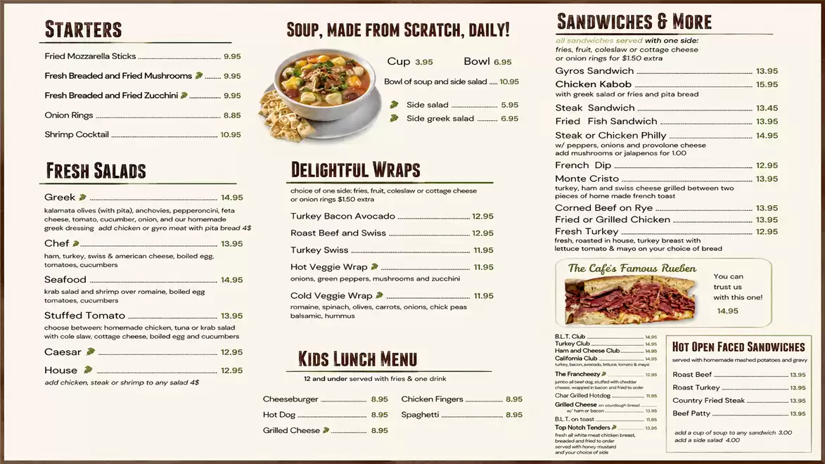 Menu featuring various options such as starters, soups, salads, wraps, sandwiches, and a kids lunch menu.