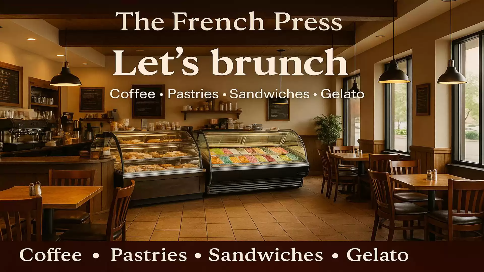 Interior view of a café called The French Press offering brunch with coffee, pastries, sandwiches, and gelato.