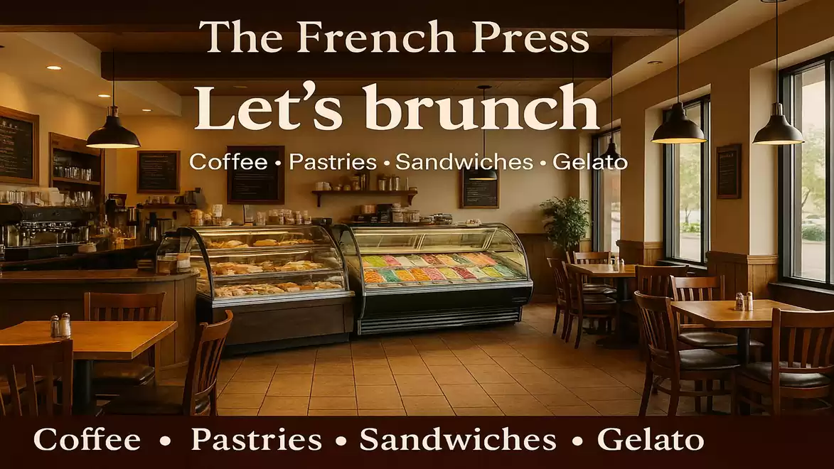 Interior view of a café called The French Press offering brunch with coffee, pastries, sandwiches, and gelato.