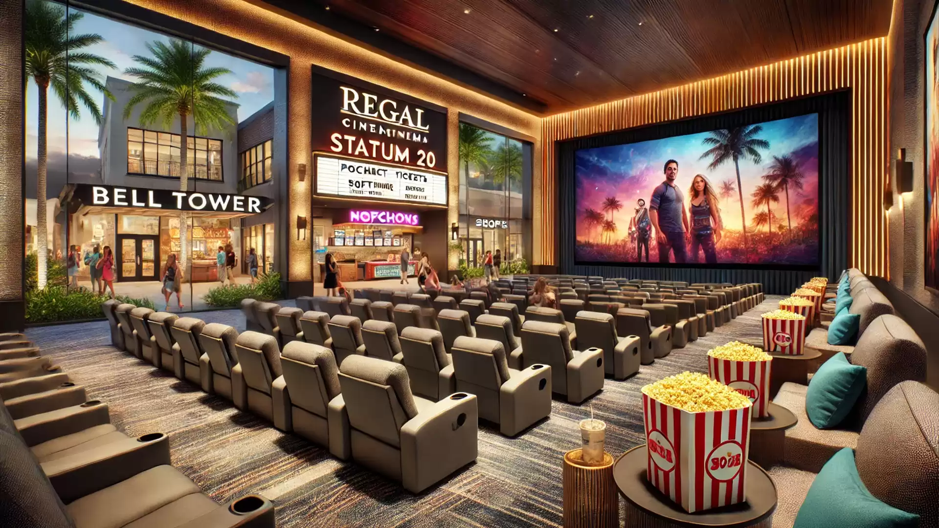 Modern cinema with comfortable seats and a large screen, surrounded by lush greenery and a bright entrance area.