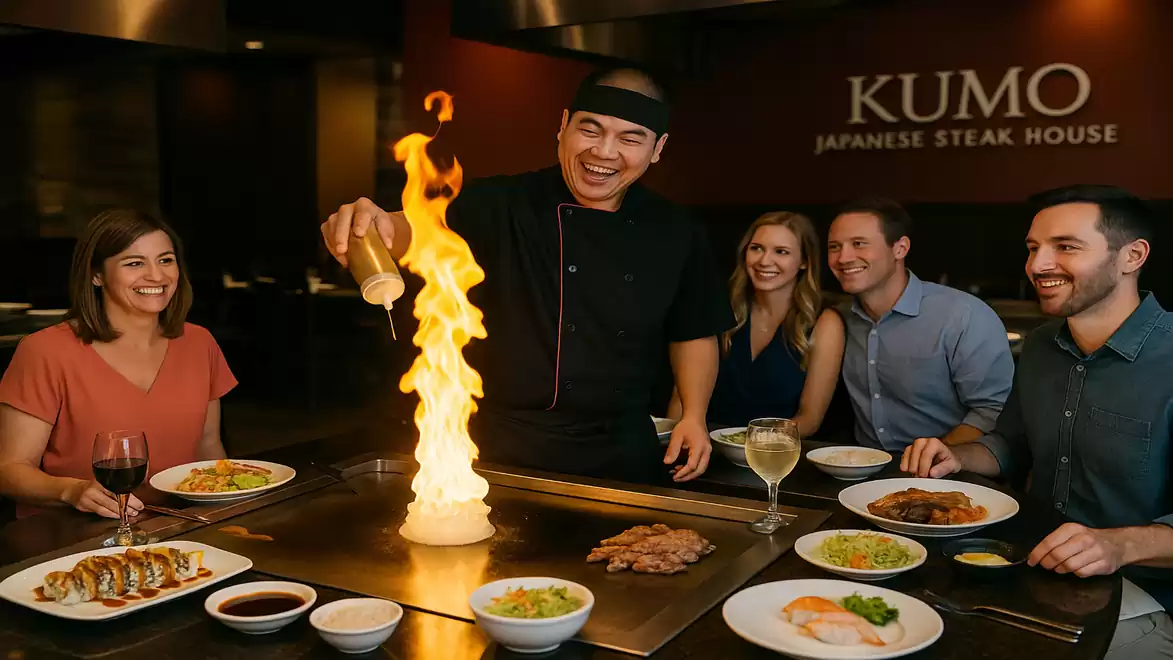A chef at Kumo Japanese Steak House showcases a spectacular flame at the teppanyaki grill, while guests with various Asian dishes and drinks sit at the table.