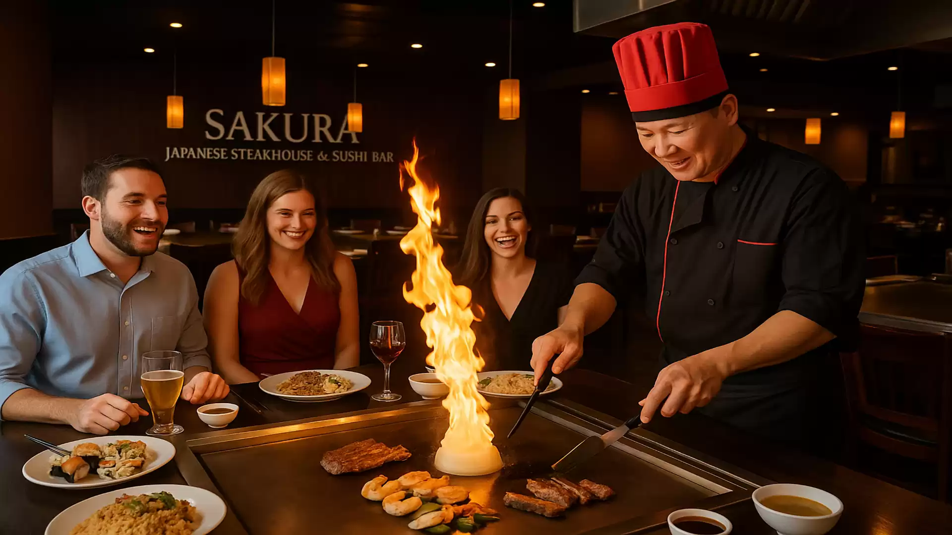 A chef in a red hat prepares flambéed food as three guests sit at a table in a Japanese steakhouse, laughing. The name 'Sakura' is visible in the background.