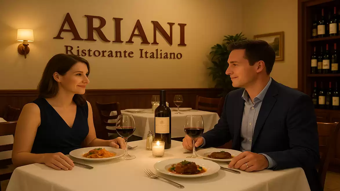 A couple enjoys a romantic dinner in an Italian restaurant named Ariani, with wine and candlelight on the table.