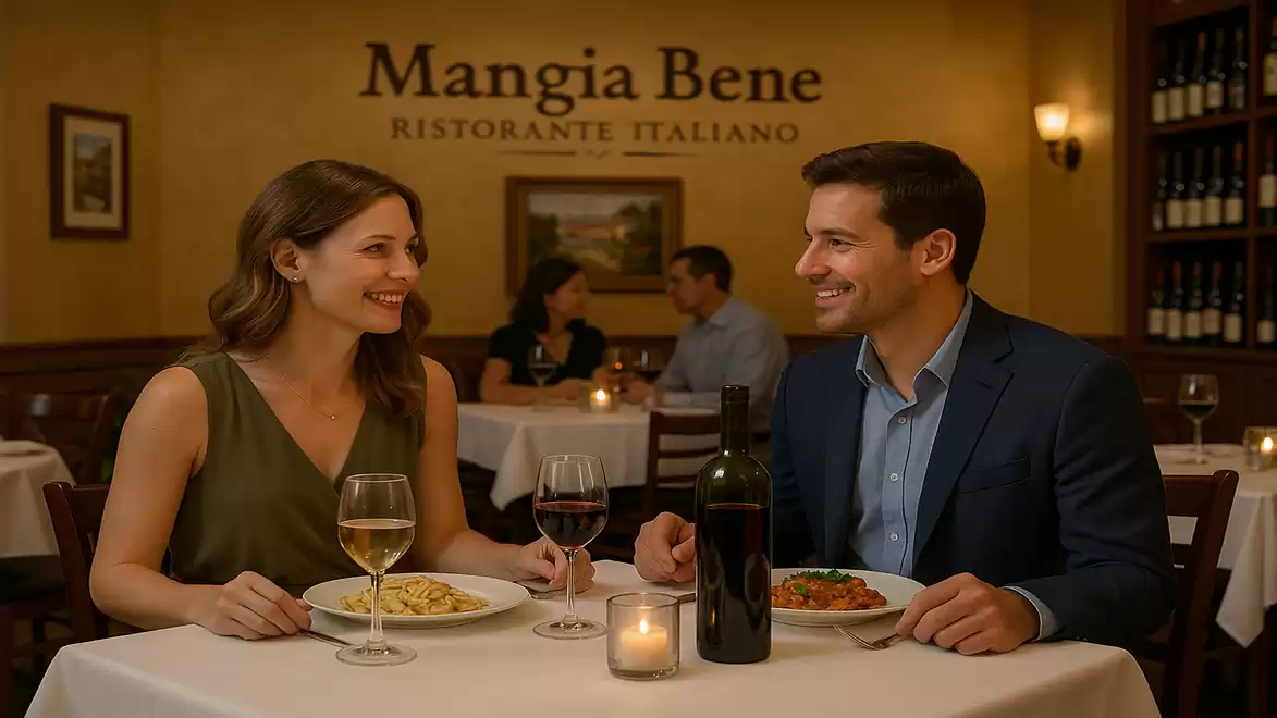 A couple enjoying dinner in an Italian restaurant by candlelight.