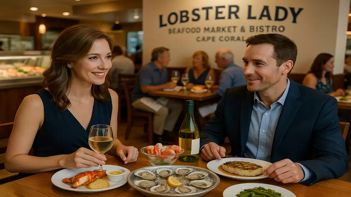 A couple sits at a table in an elegant restaurant with seafood specialties like oysters, shrimp, and a lobster dish.