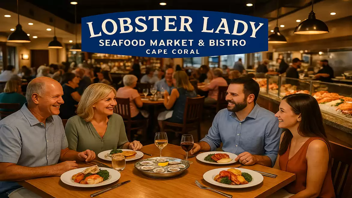 People dining in a crowded restaurant called Lobster Lady Seafood Market & Bistro in Cape Coral. Many guests are seated at tables enjoying their meals.