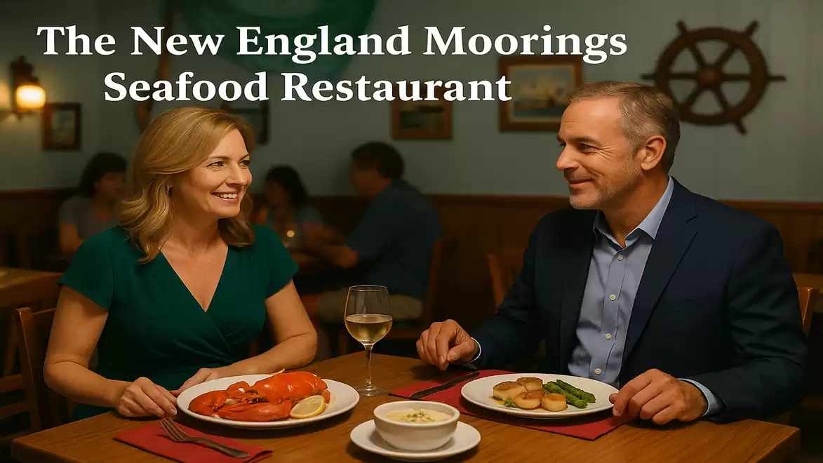 A man and a woman sit in a restaurant enjoying a seafood meal. The man is wearing a suit, and the woman is wearing a green dress. They are smiling at each other. Maritime decorations are visible in the background.
