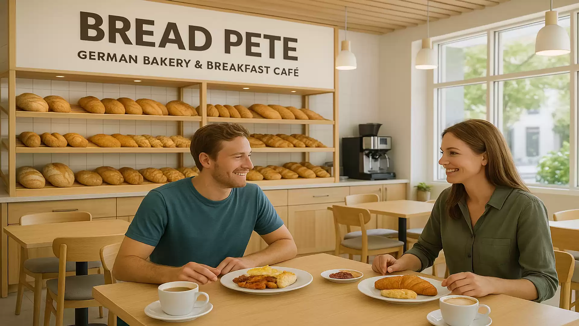 A man and woman are sitting in a German bakery having breakfast. In the background, there are shelves full of bread. The store is named 'Bread Pete'.