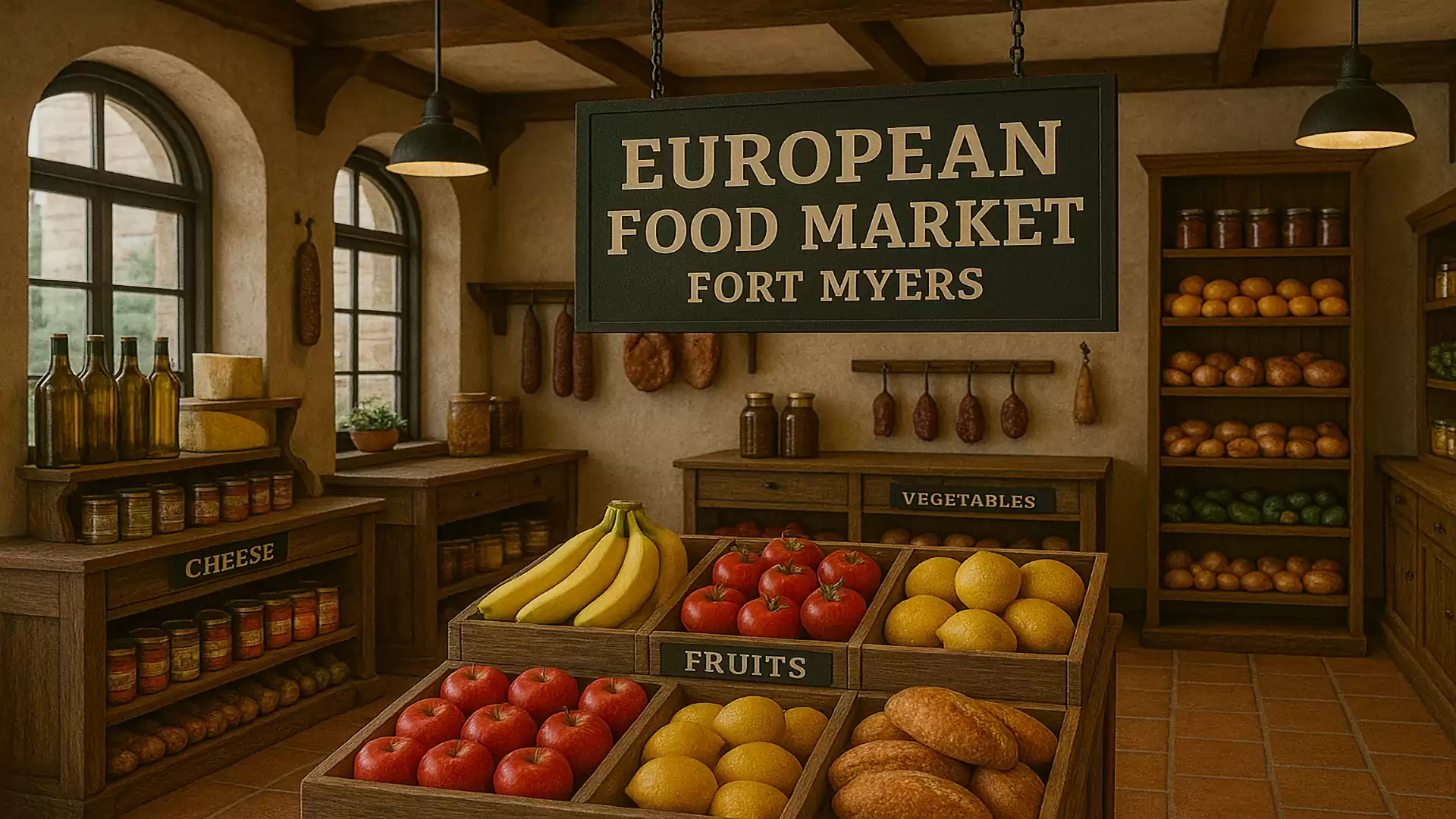 Interior view of a European food market in Fort Myers with shelves full of fruits, vegetables, and other goods.