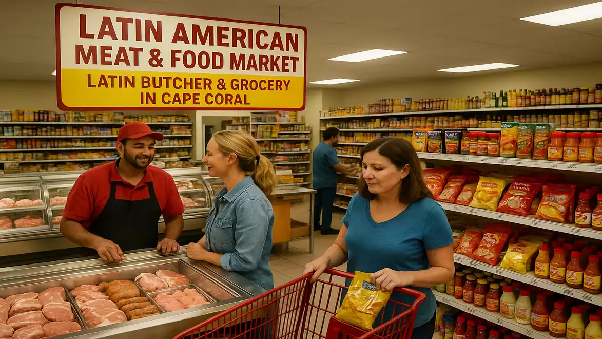 A woman is talking to a butcher in a Latin American grocery store, while another woman walks through the aisles with a shopping cart.