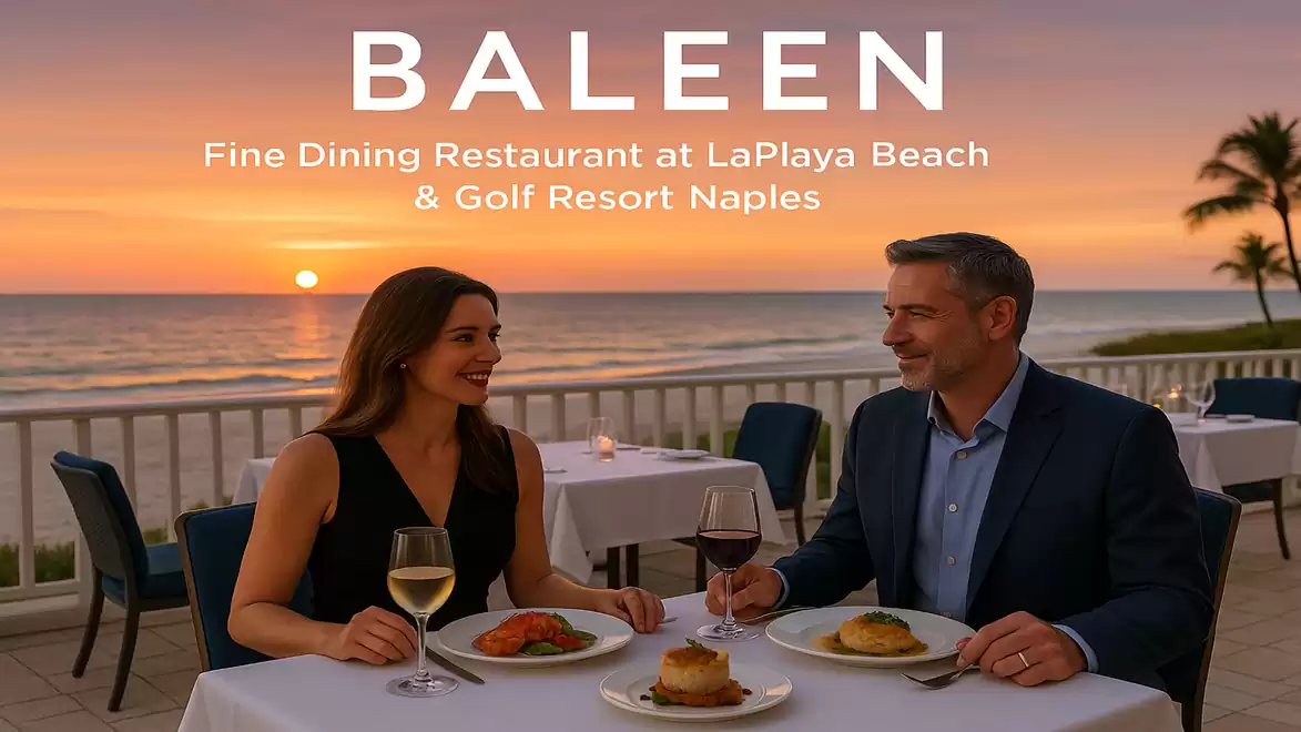 A couple dining at BALEEN restaurant with ocean view and sunset.