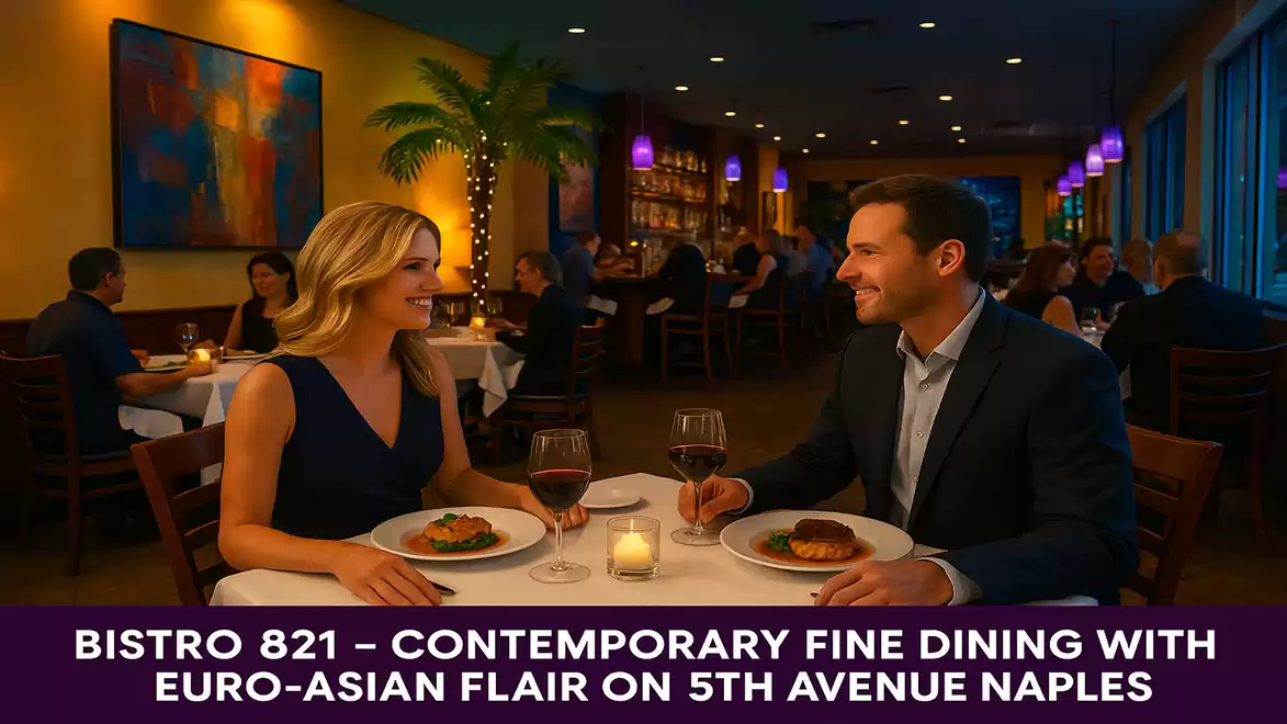 An elegant couple enjoys dinner with wine in a stylish restaurant featuring modern decor.