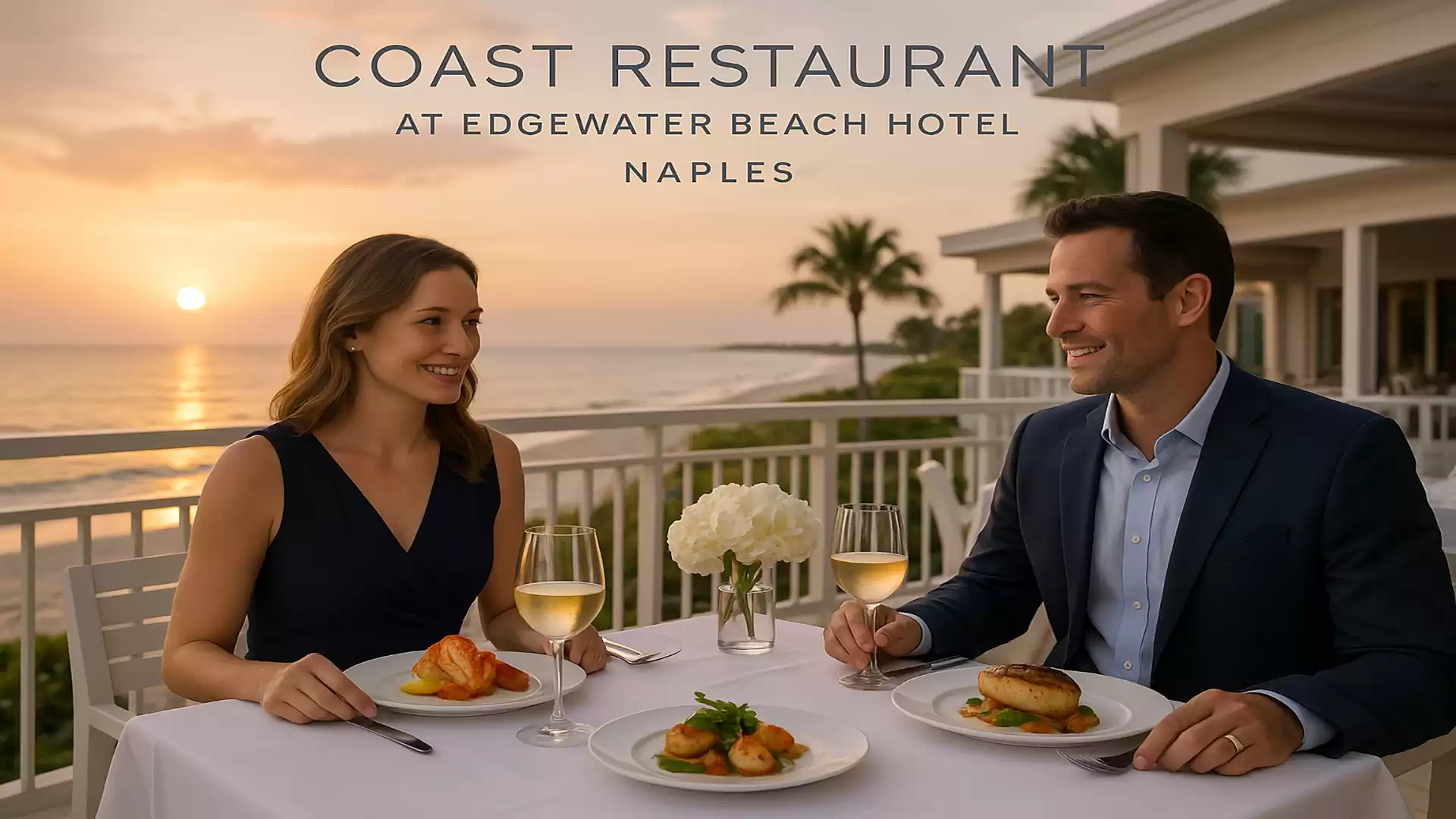 A couple enjoying an elegant dinner on a restaurant terrace with ocean view at sunset.