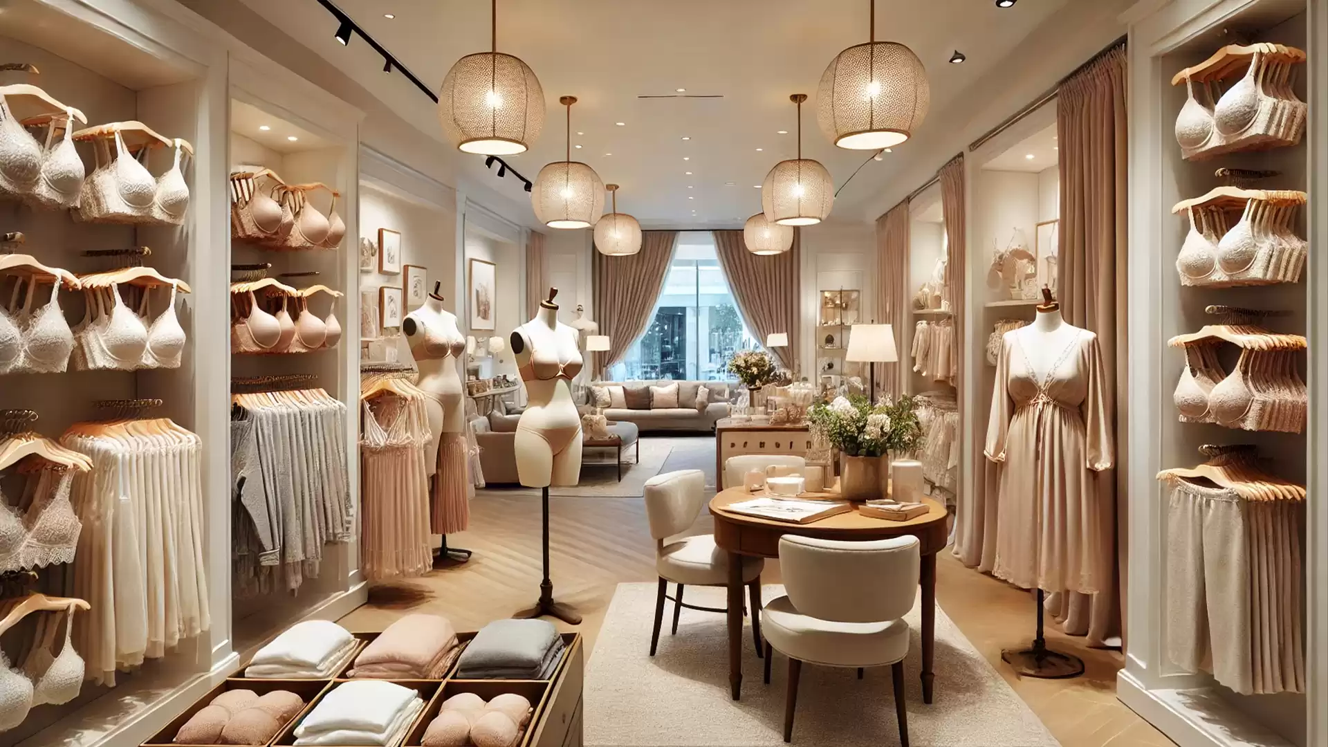 Elegant lingerie store with stylish lighting and tasteful decor, showcasing a selection of high-quality women's underwear.