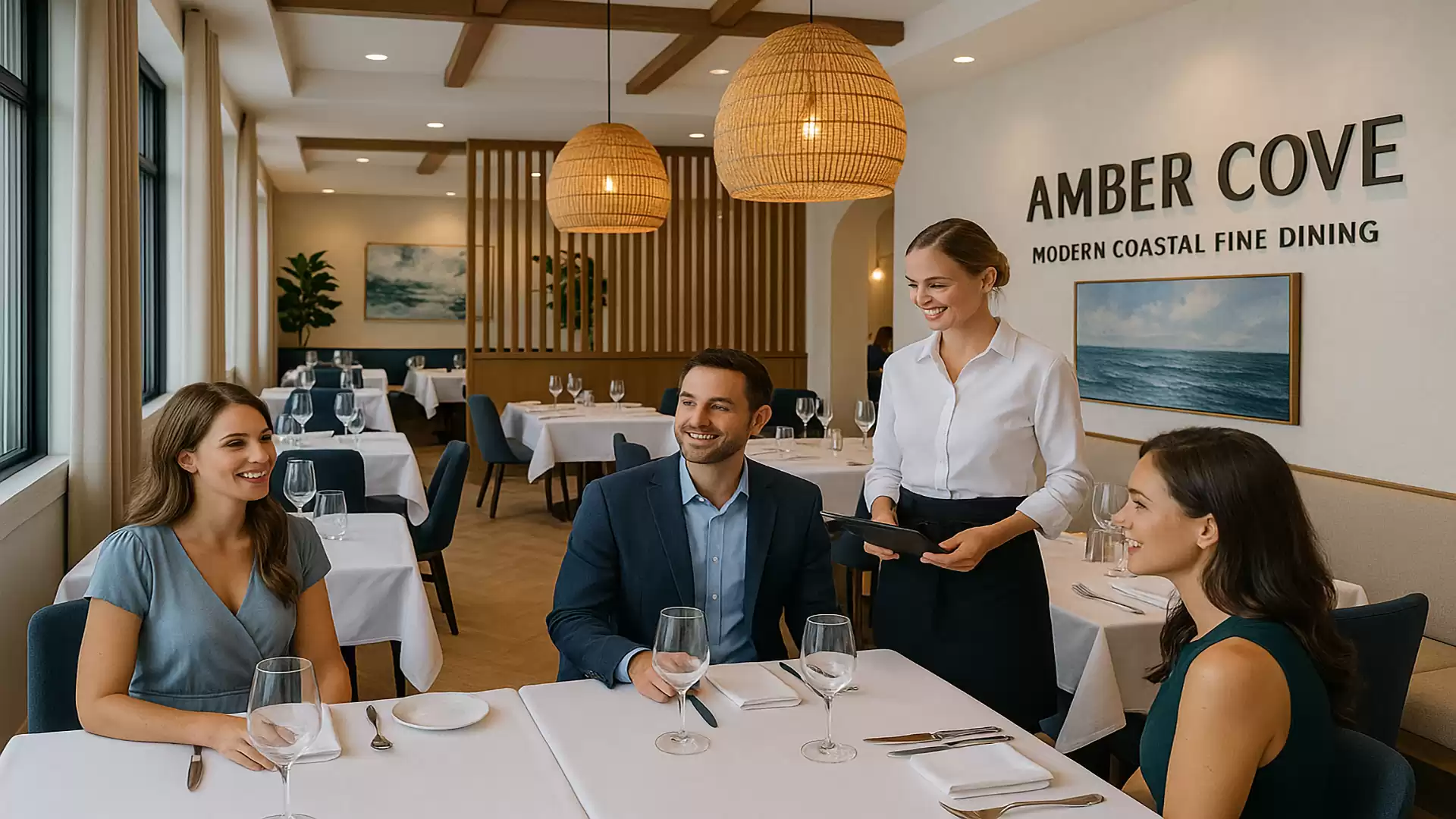 A group of four people sitting in a modern restaurant called Amber Cove. A smiling waitress stands at the table taking an order. The atmosphere is friendly and inviting.