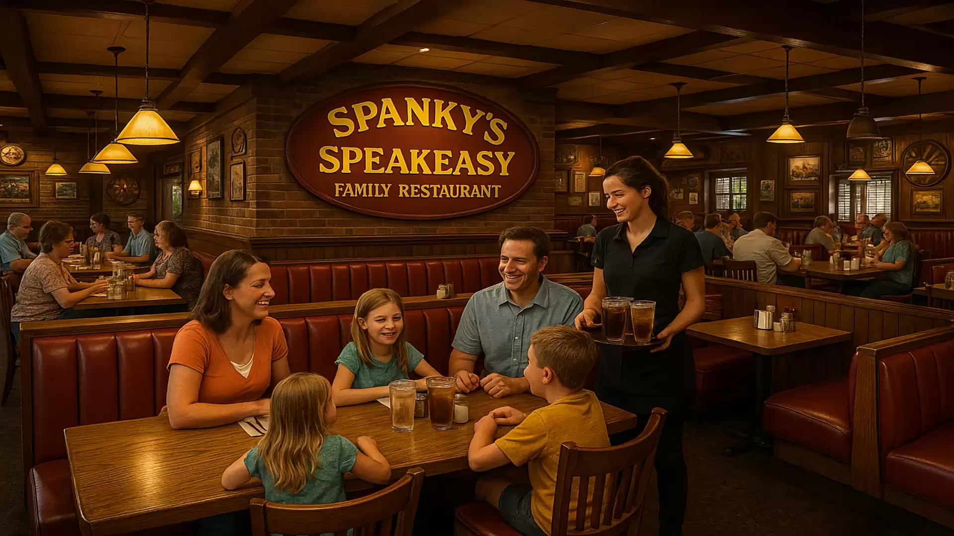 A family is seated at a table in a cozy restaurant being served by a waitress.