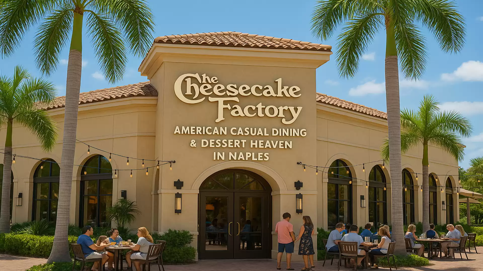 Exterior view of The Cheesecake Factory restaurant in Naples with palm trees and guests dining outside.