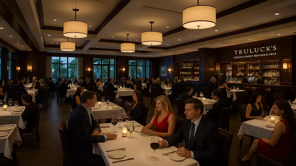 Elegant restaurant with dim lighting; many guests at tables, relaxed atmosphere.