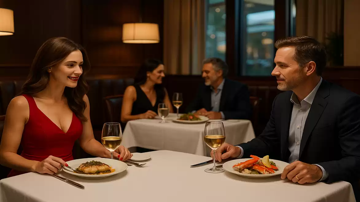 An elegant couple enjoys a candlelit dinner in an upscale restaurant, with another couple dining in the background.