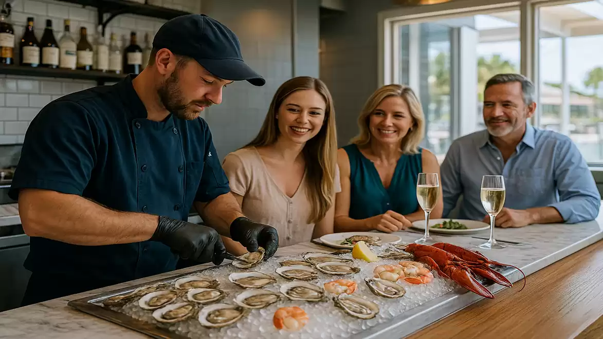 A chef prepares fresh oysters in a restaurant while three guests sit at the table holding champagne glasses.