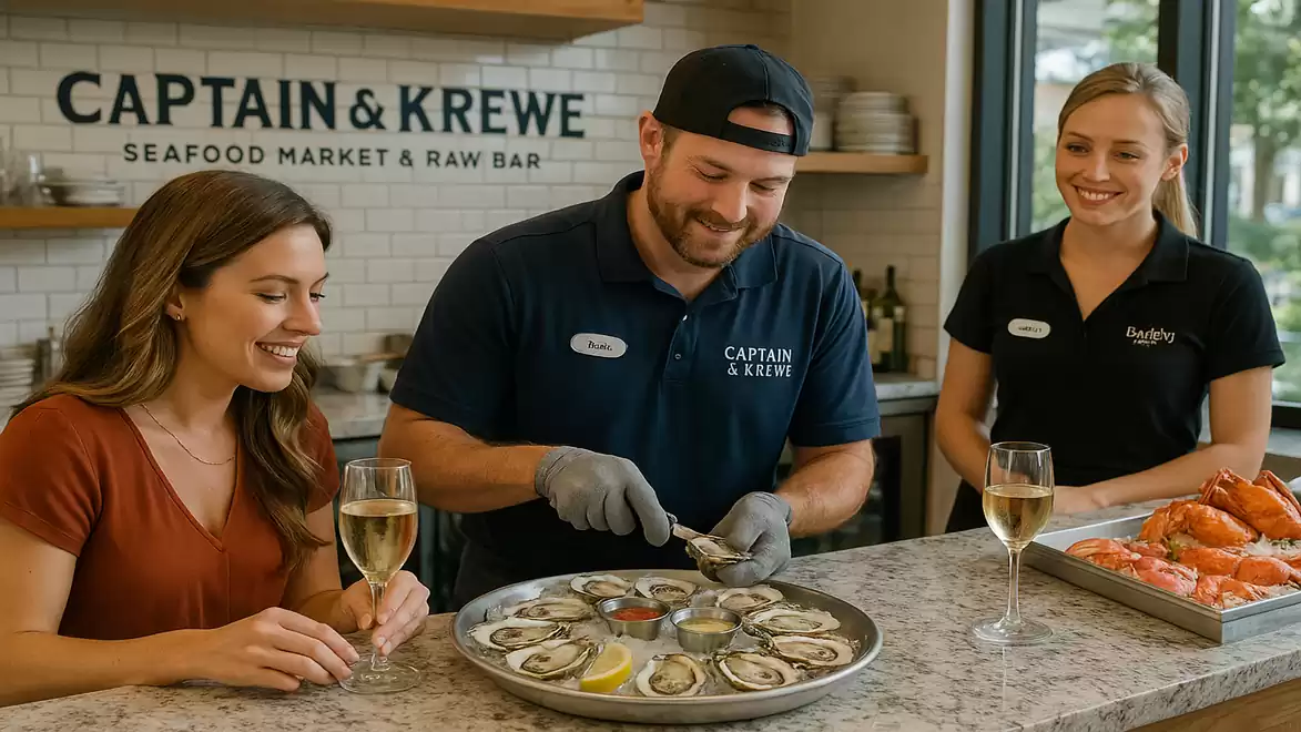In a stylish seafood market and bar, a man is shucking oysters for two women sitting in front of him. They smile and enjoy a glass of white wine.