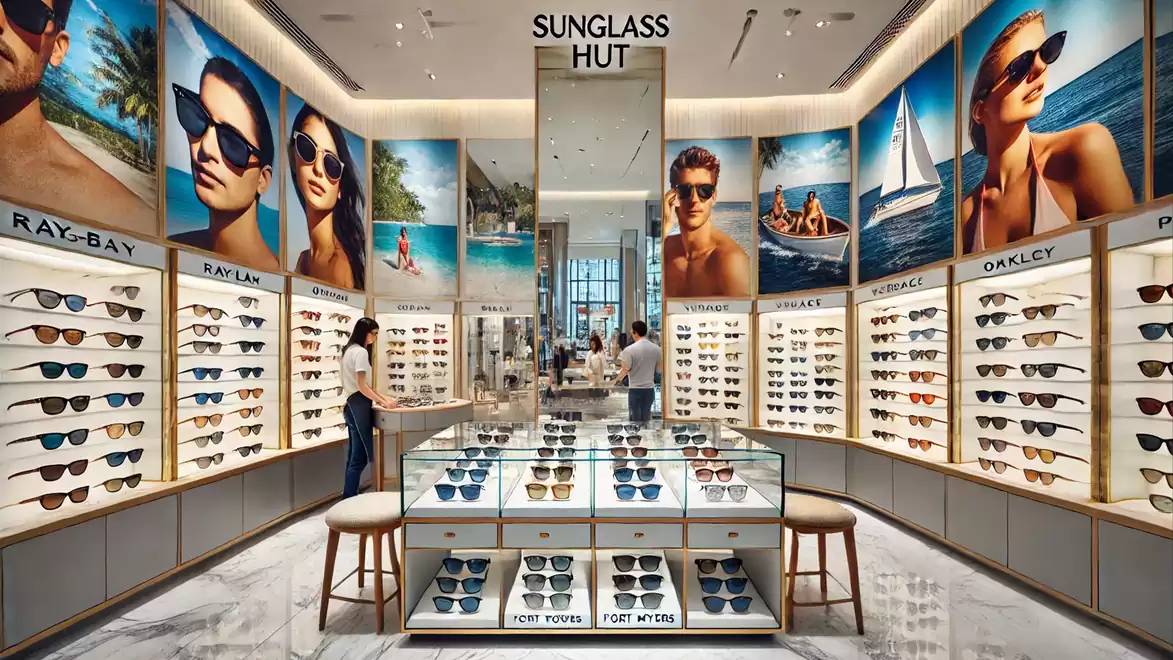Interior view of a modern sunglasses store with various brands like Ray-Ban and Oakley displayed on the walls as customers shop.