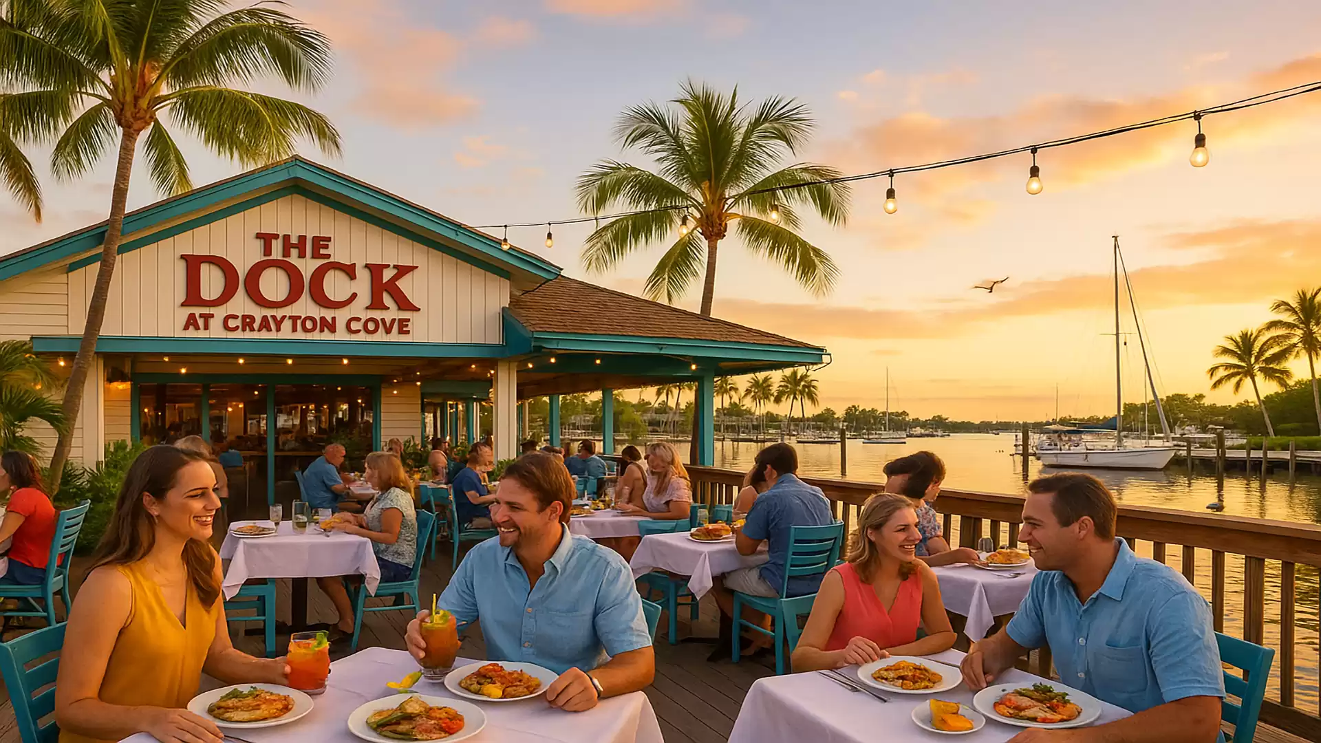 People enjoying an outdoor dinner at a waterfront restaurant during sunset, surrounded by palm trees and a harbor.
