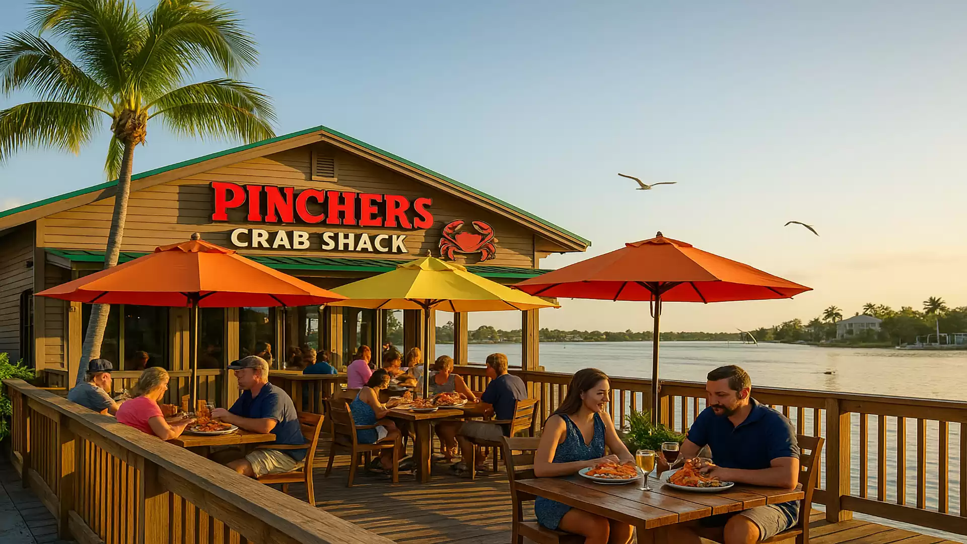 Waterfront restaurant with dining terrace, umbrellas, and palm trees, guests enjoying a meal at sunset.