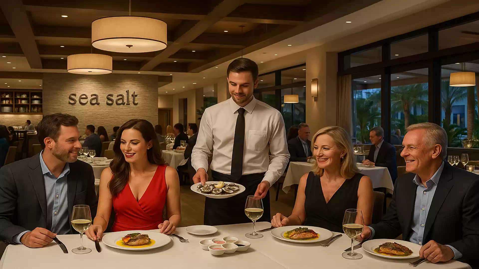 A group of people enjoying an elegant dinner in a stylish restaurant with a waiter serving oysters.