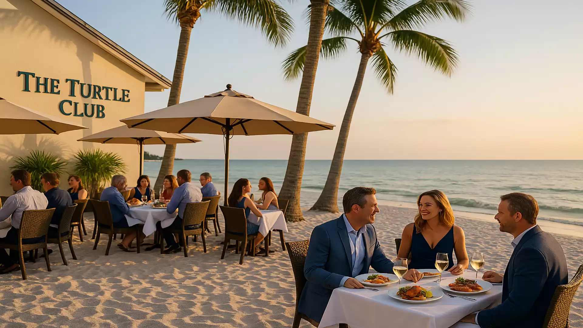 Restaurant guests enjoying dinner on the beach under palm trees in an upscale setting at sunset.