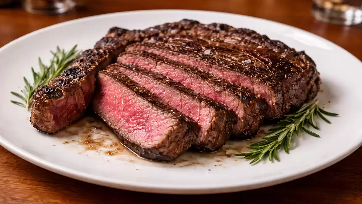 Juicy sliced steak on a white plate, garnished with rosemary sprigs.