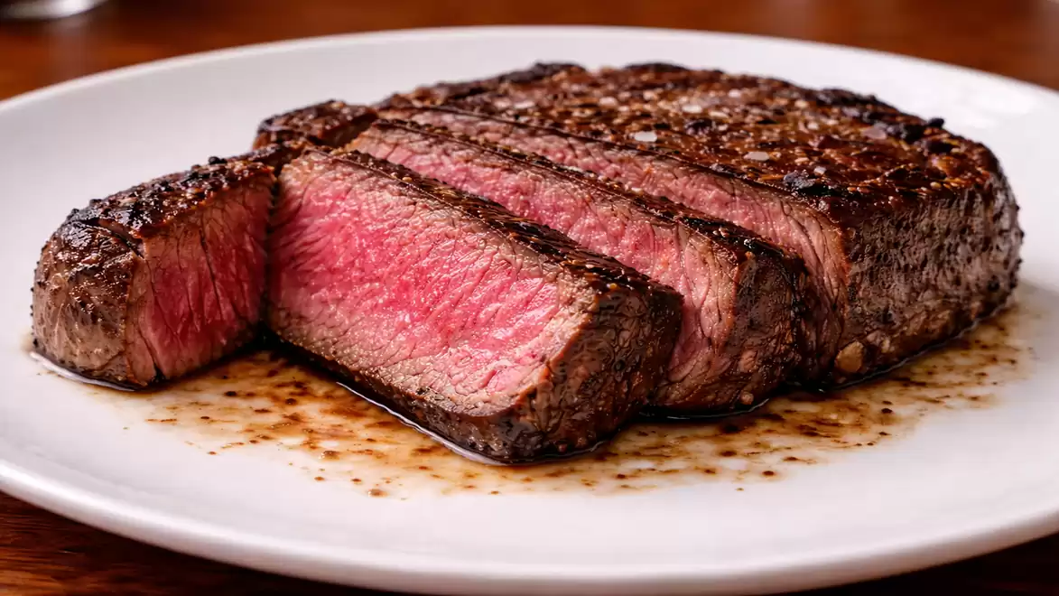 Close-up of a perfectly medium rare grilled steak on a white plate.