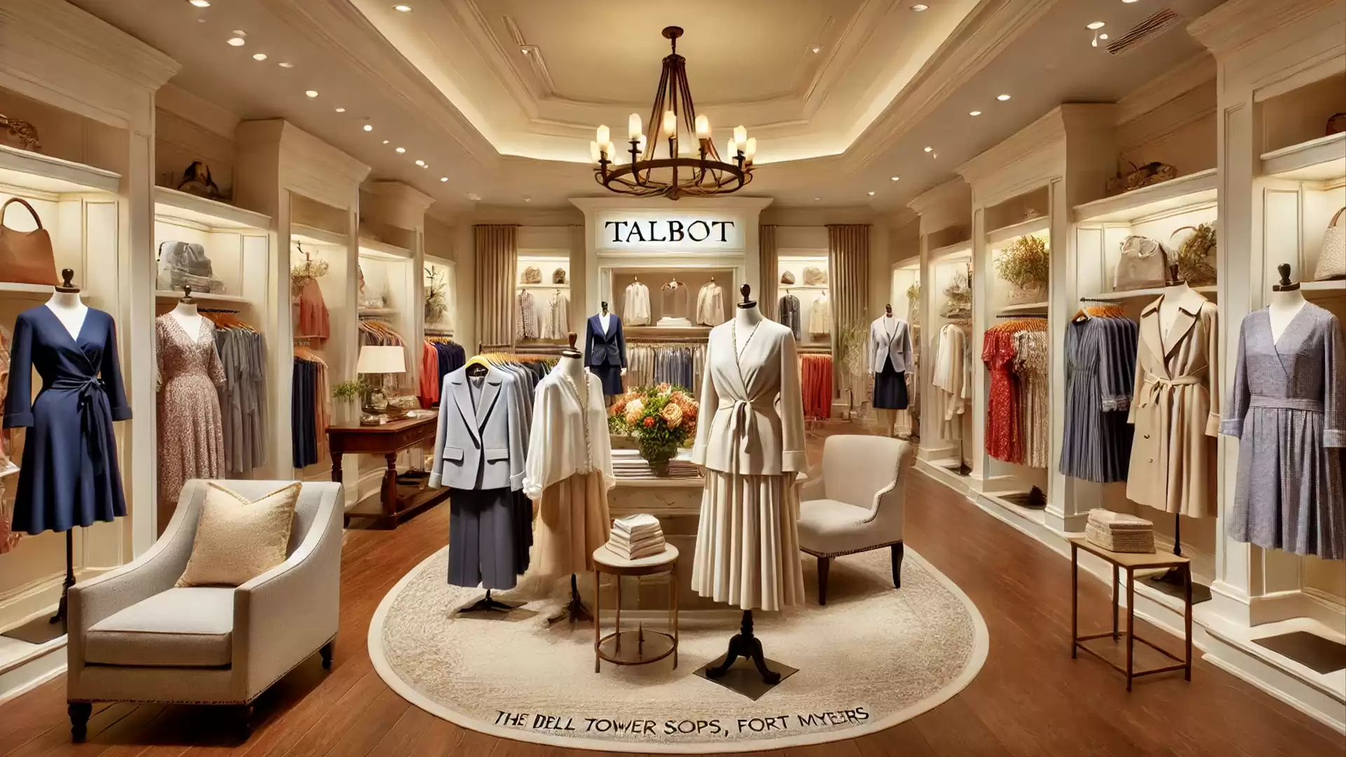 An elegant clothing store showcasing stylish women's fashion and luxurious decor.