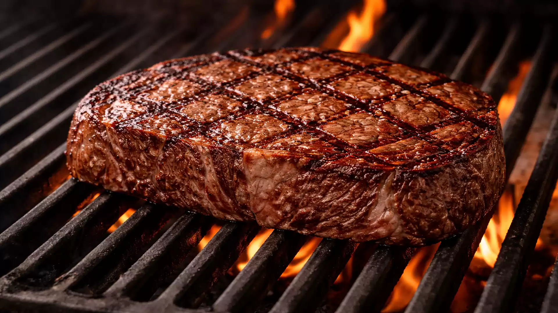Juicy steak on a grill with flames in the background, being perfectly grilled.