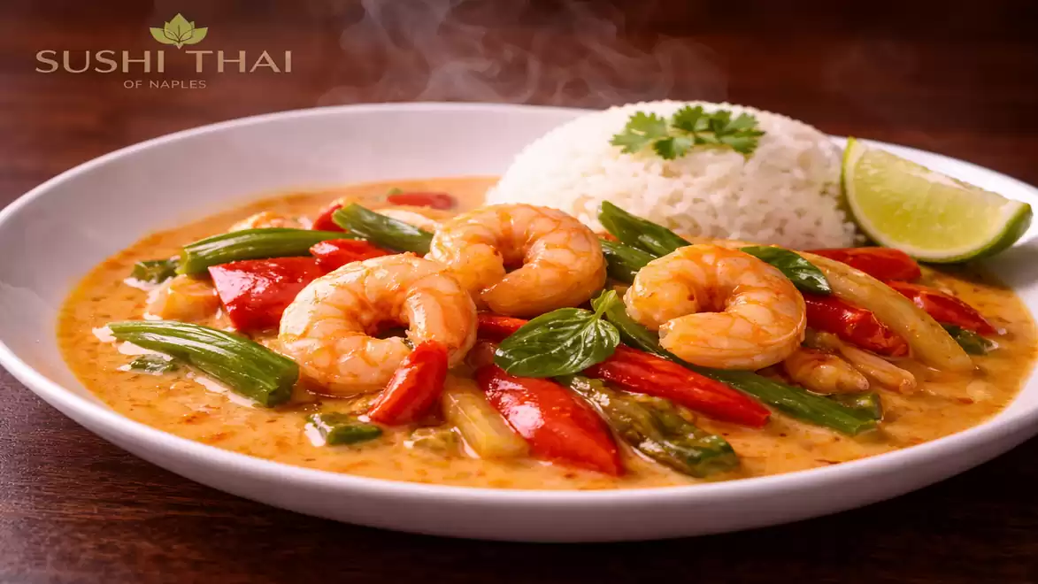 A plate of shrimp curry garnished with fresh vegetables, served with rice and a lime wedge.
