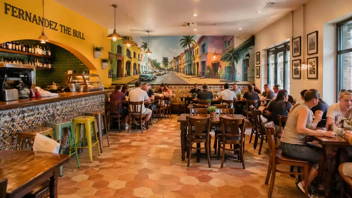 Cozy restaurant with colorful walls and guests sitting at wooden tables.